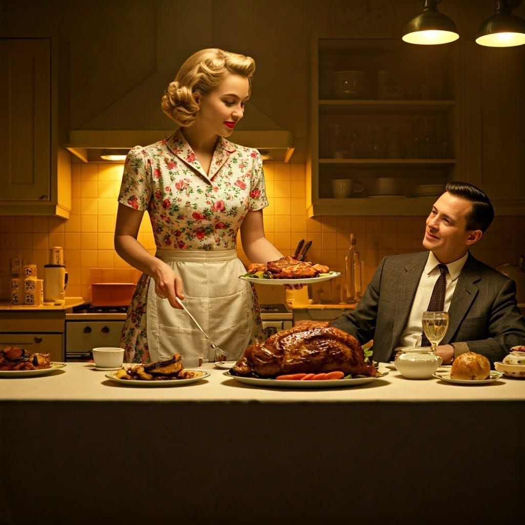 1950s Homemaker Serving Dinner: A Nostalgic Scene