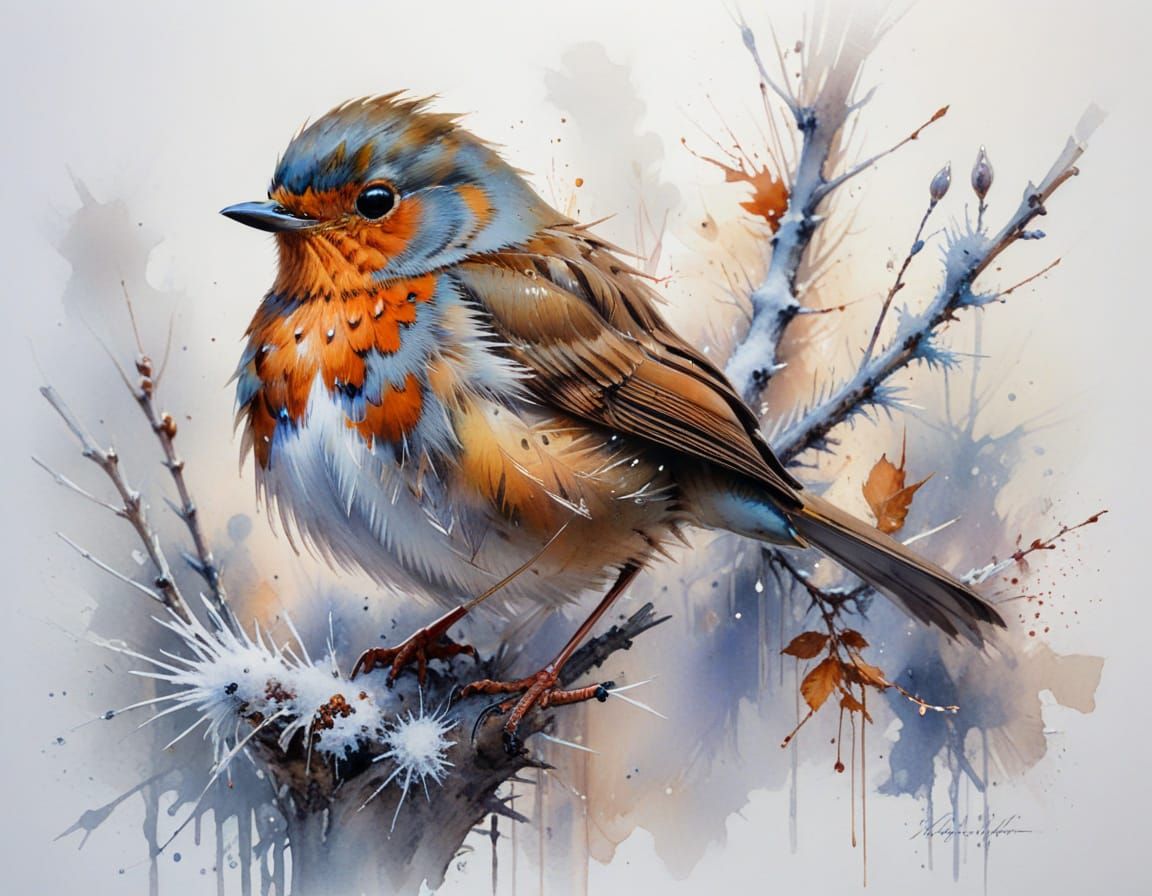 Watercolor Robin Bird on Frosty Branch in Winter Light