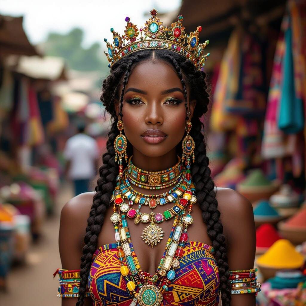 Regal Woman in Vibrant Marketplace: Afrofuturism Art