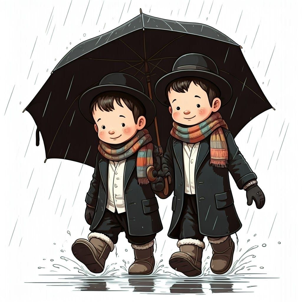 Timeless Hasidic Children on a Rainy Day in Black and White