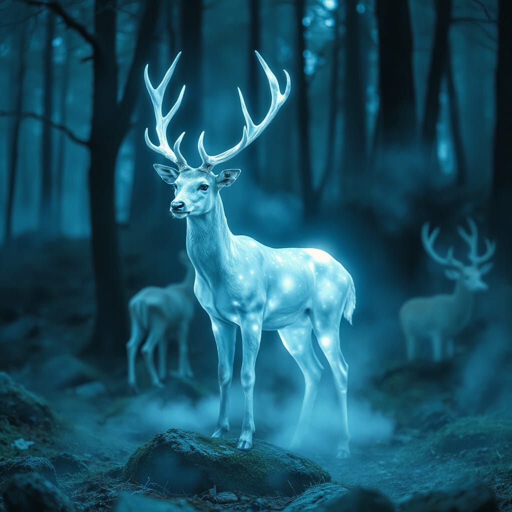 Ethereal Deer in Enchanted Forest, Dreamy Photorealistic Sce...