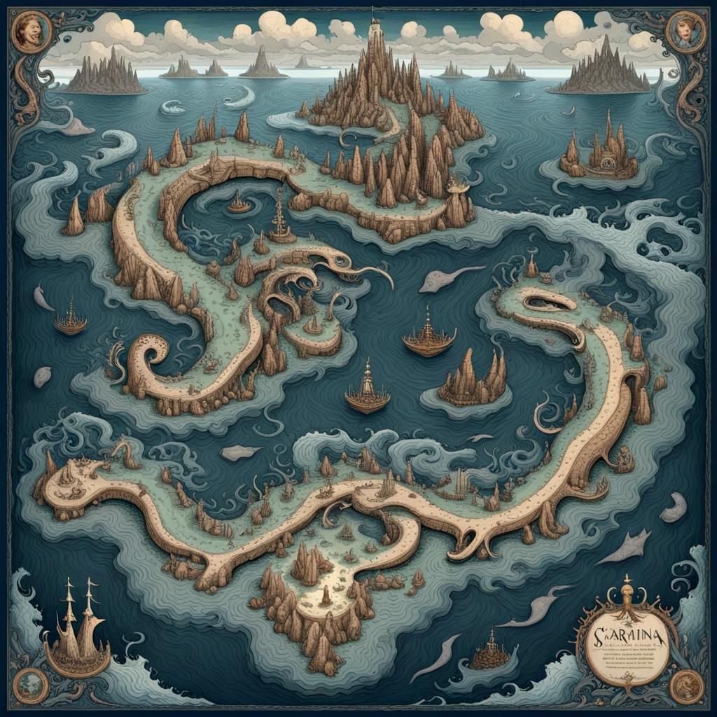 Surreal reinterpretation of the Carta Marina Scandinavian Map of 1539
