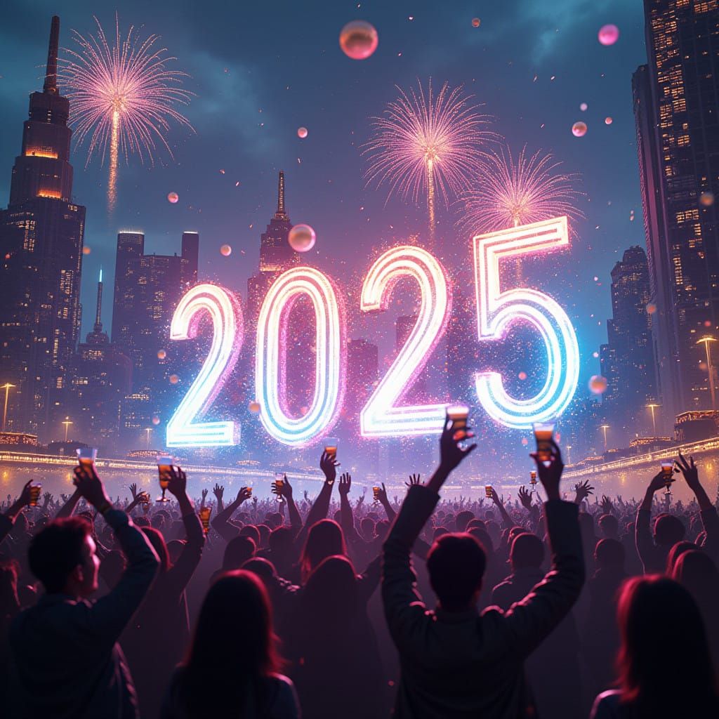 Surreal Futuristic New Year's Eve Party Unfolds Under Neon C...