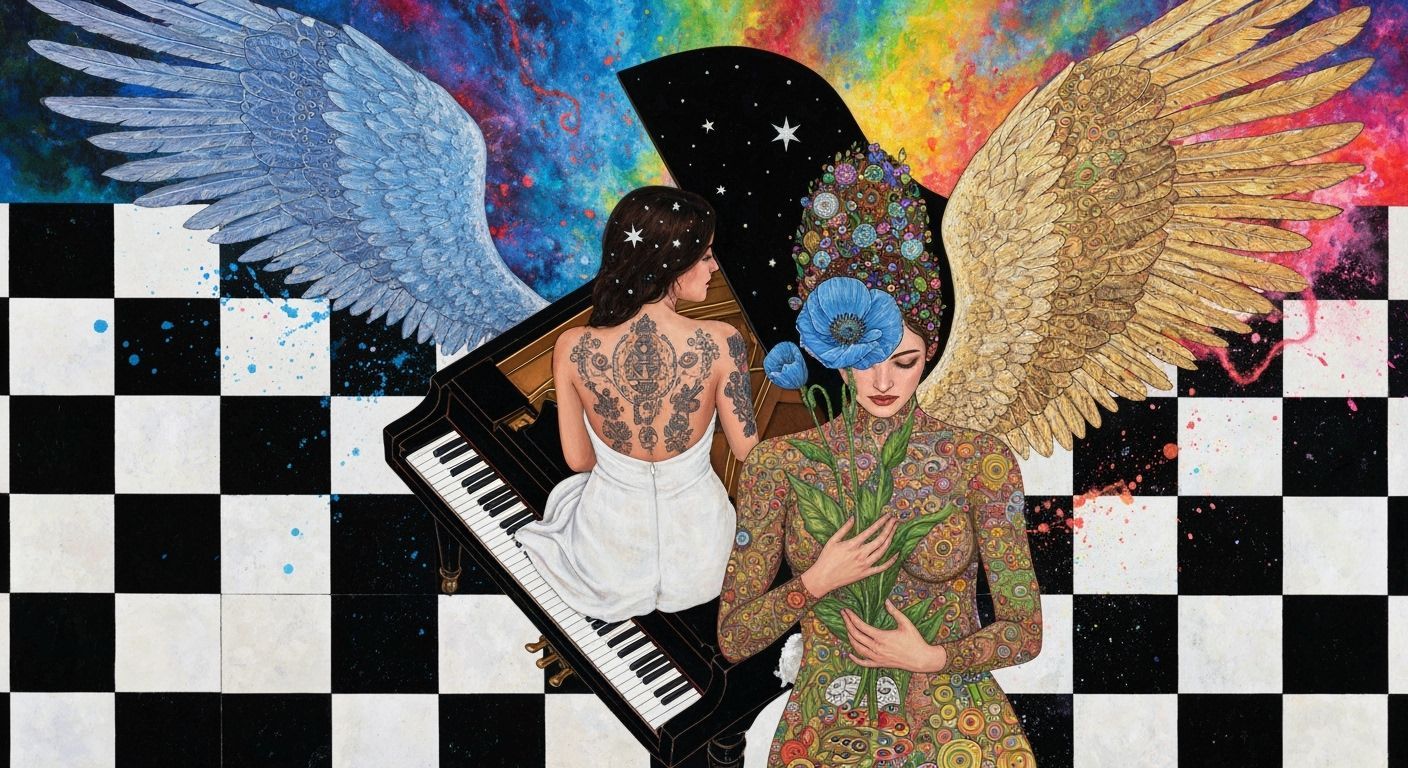 Surreal Woman on Piano Amidst Swirling Colors