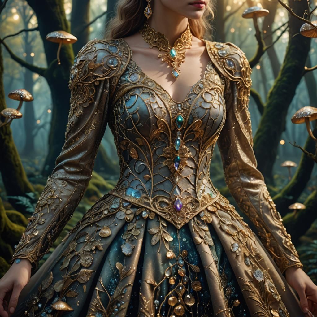 Ornate Dress in Mystical Forest, Fantasy Concept Art