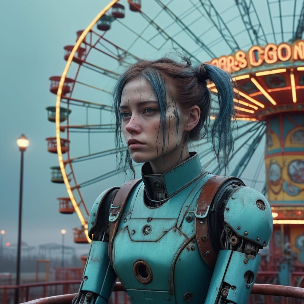 Melancholic Robot Girl on Deserted Carousel