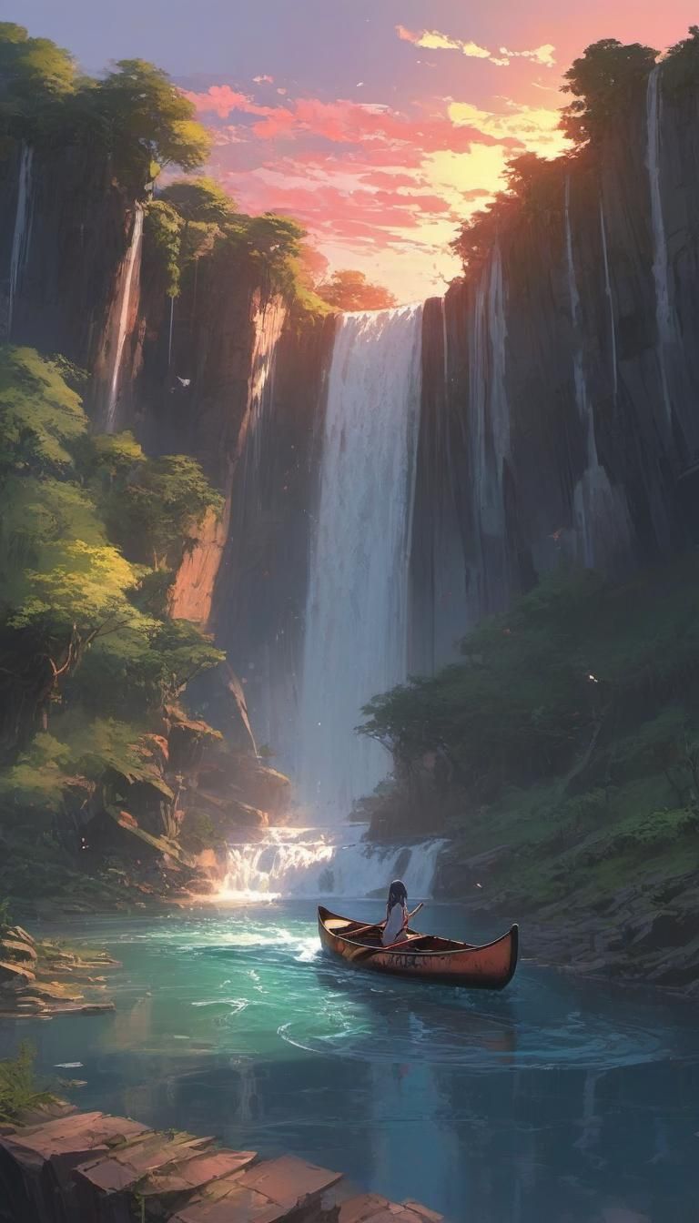 Sunset Canoe Journey Between Waterfalls in Anime Style