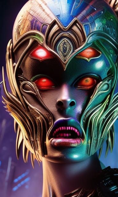 Alien Supermodel Portrait in Inkpunk Sci-Fi Style