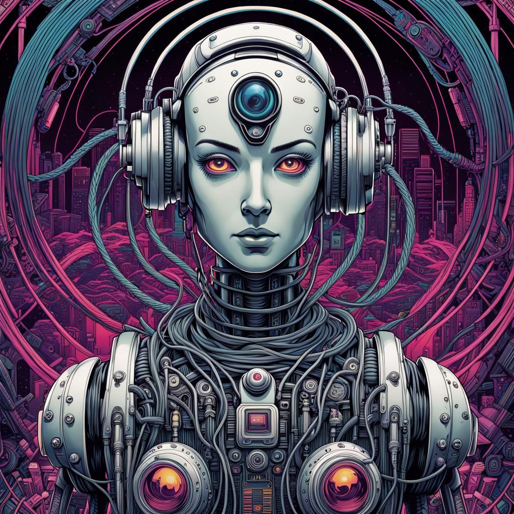 Retro Robot Poster in Psychedelic Vaporwave Style