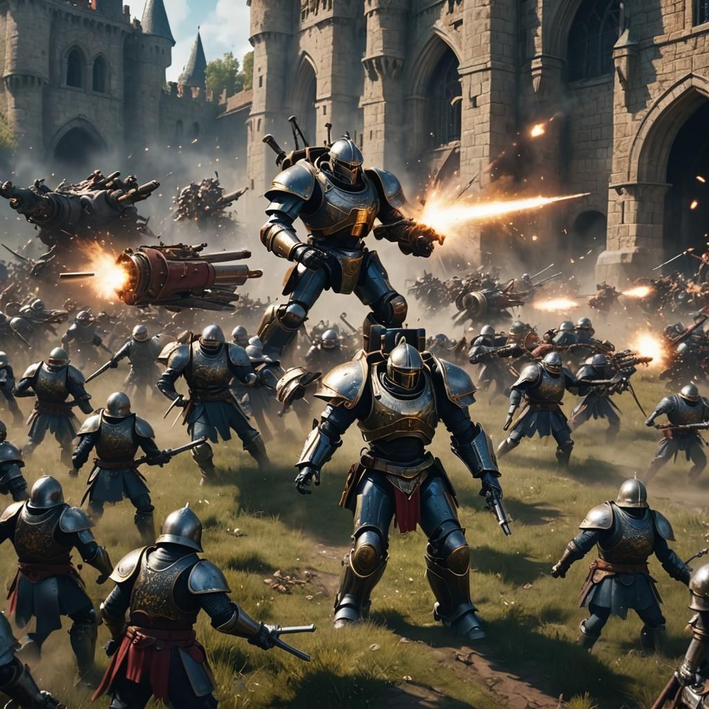 Battlesuit Strafing Medieval Army: Detailed Digital Painting