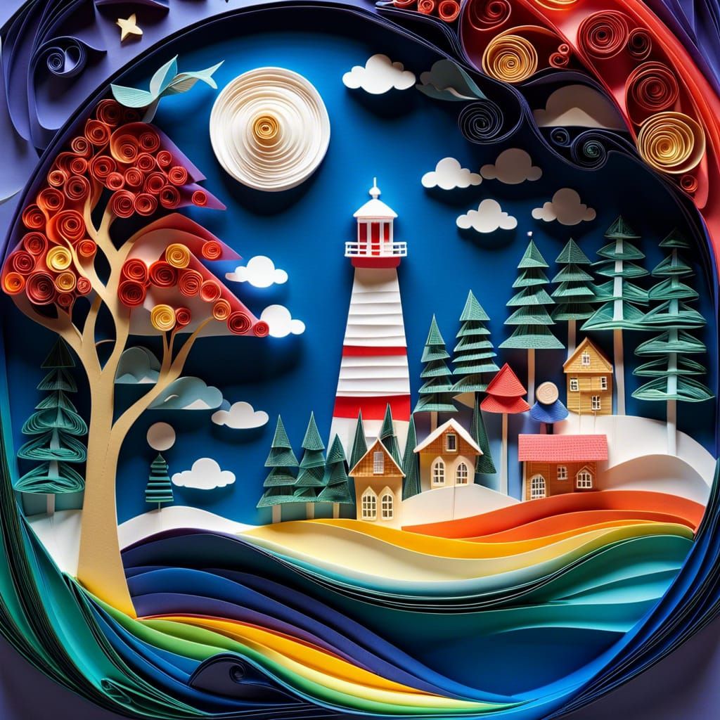 Detailed Origami Village Landscape with Lighthouse and Moon