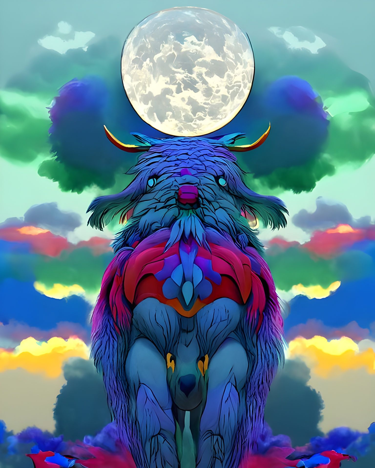 Mythical Beast Under Moon in Colorful Flat Art