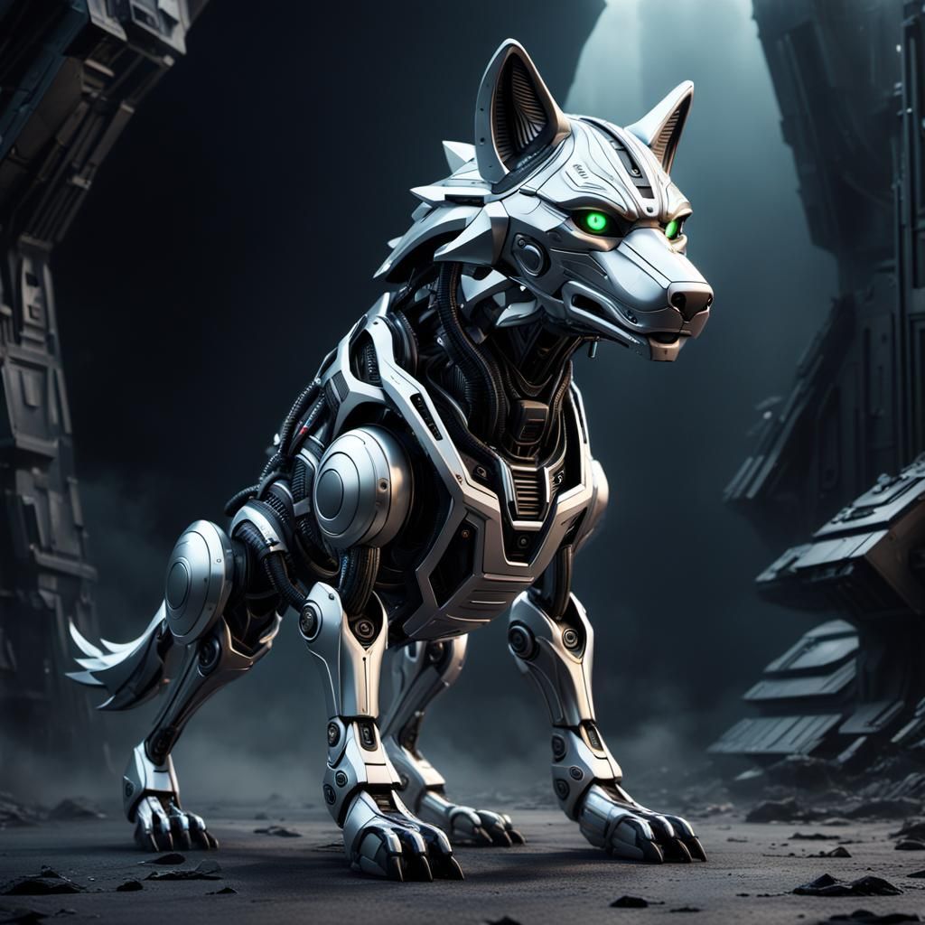 Futuristic Silver and Black Extraterrestrial Wolf Robot