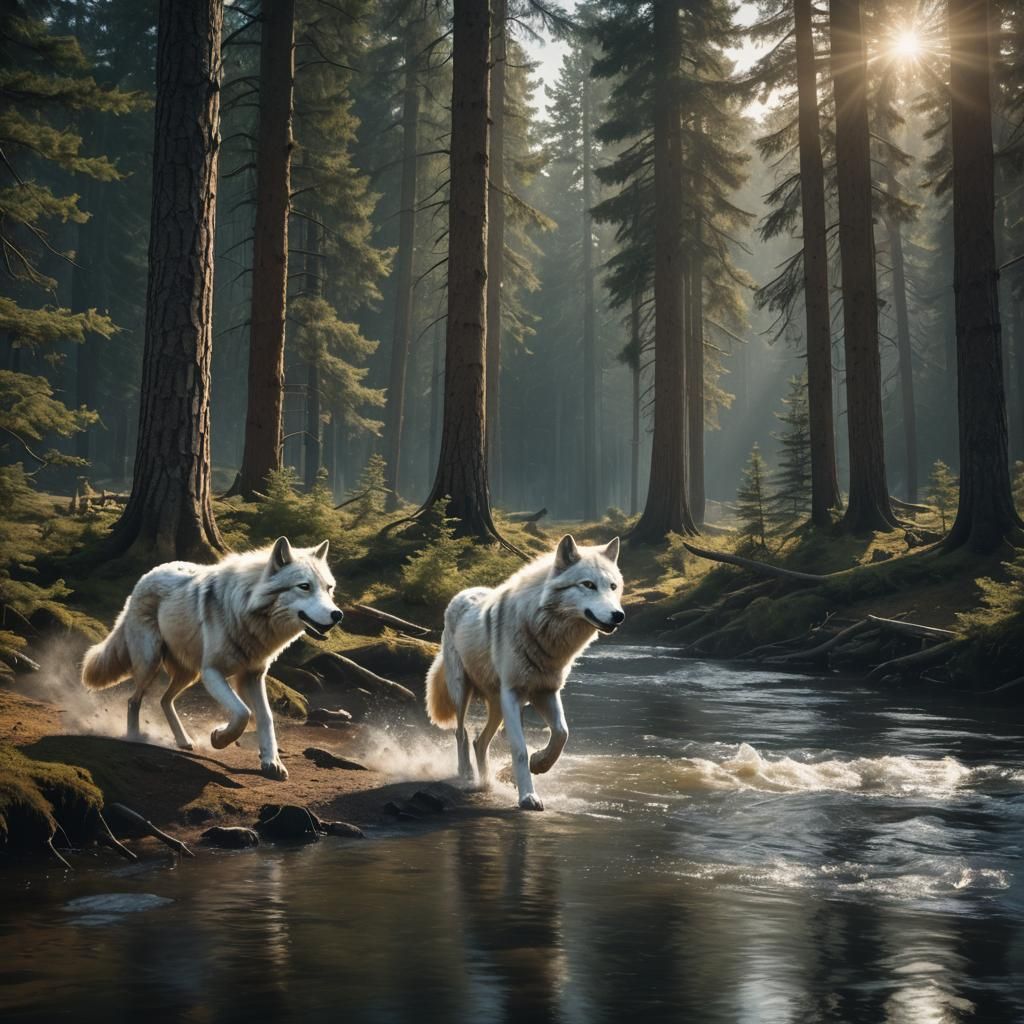 White Wolves Running in Fantasy Forest: Digital Painting