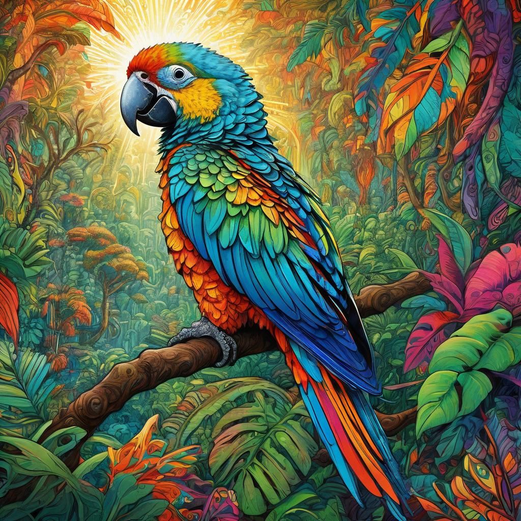 Psychedelic Parrot in Jungle, Pen Drawing