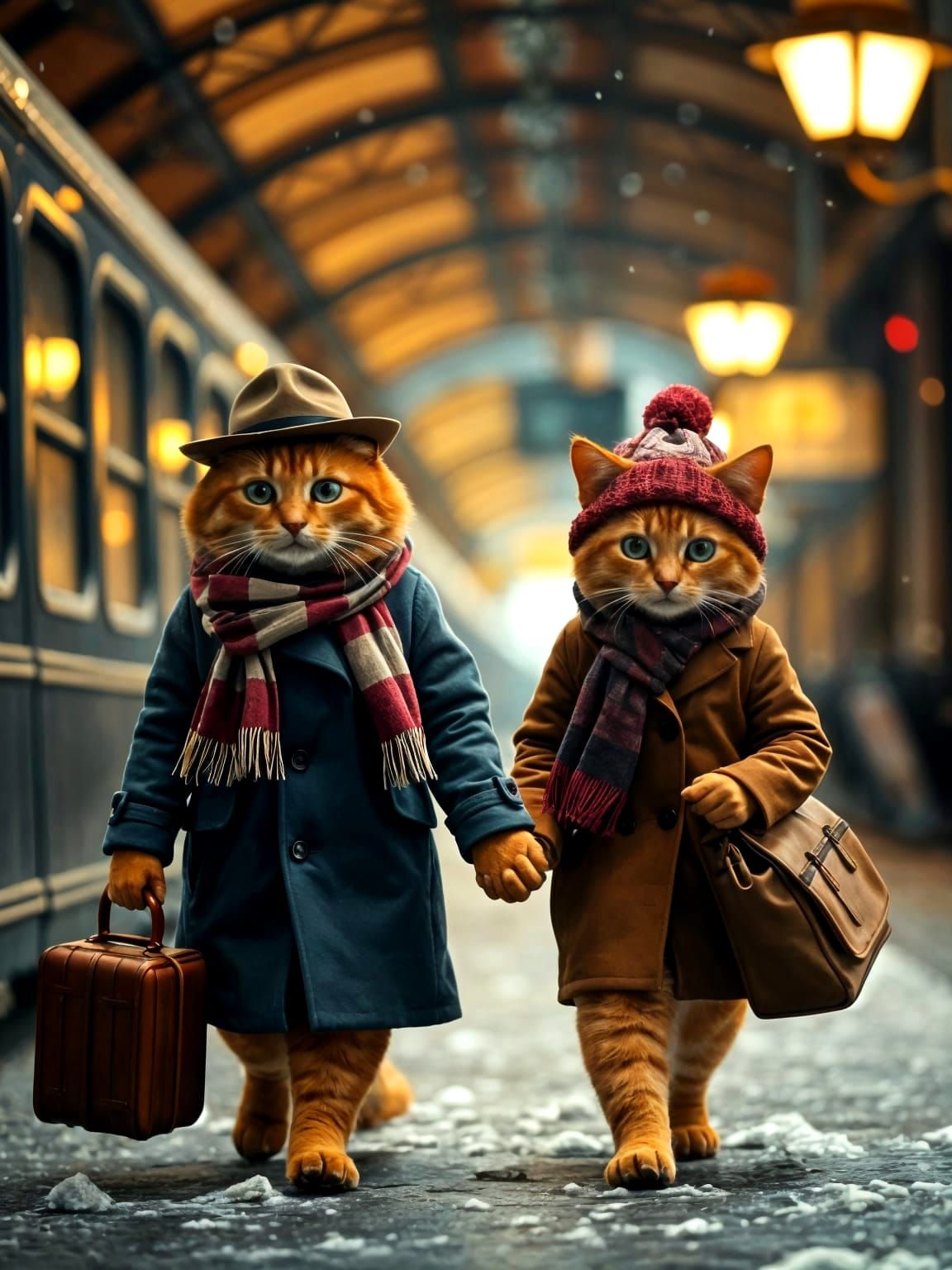 Ginger Cats' Snowy Train Station Adventure