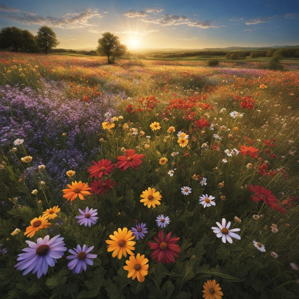 Vibrant Wildflower Field at Golden Hour