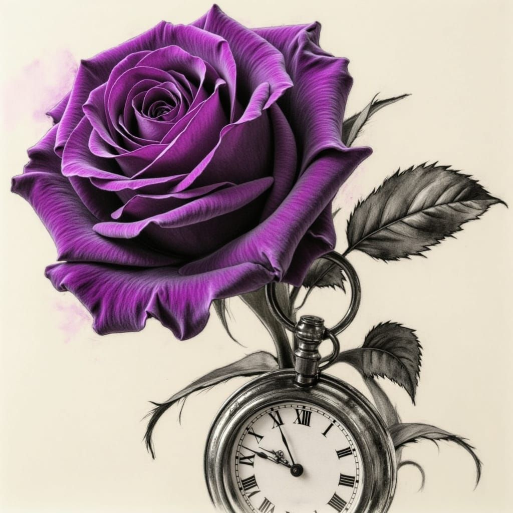 Purple Rose with Pocket Watch in Charcoal Style