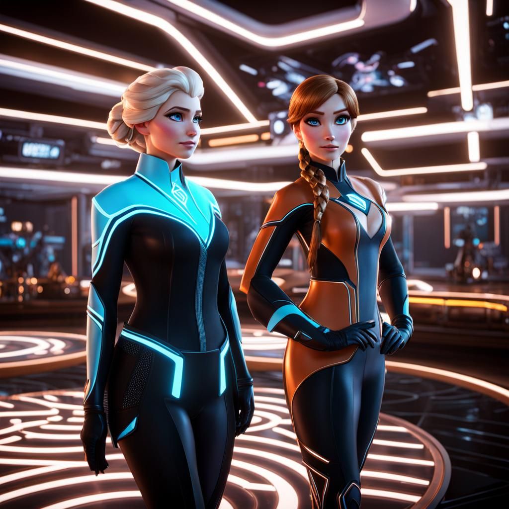 Disney Elsa and Anna in TRON inspired clothing. 8K resolution Unreal Engine 5