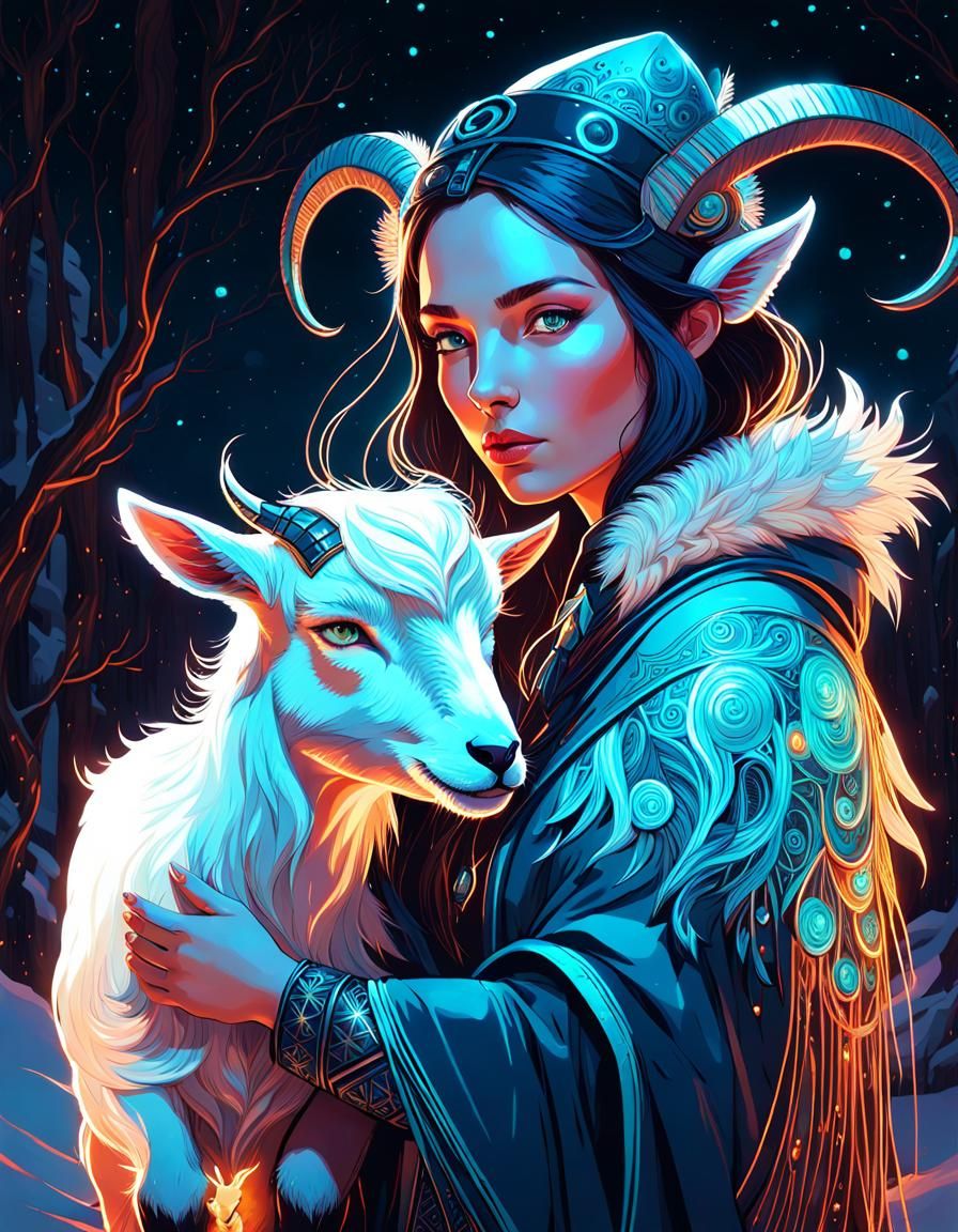 Neon Winter Witch with Arctic Goat Portrait