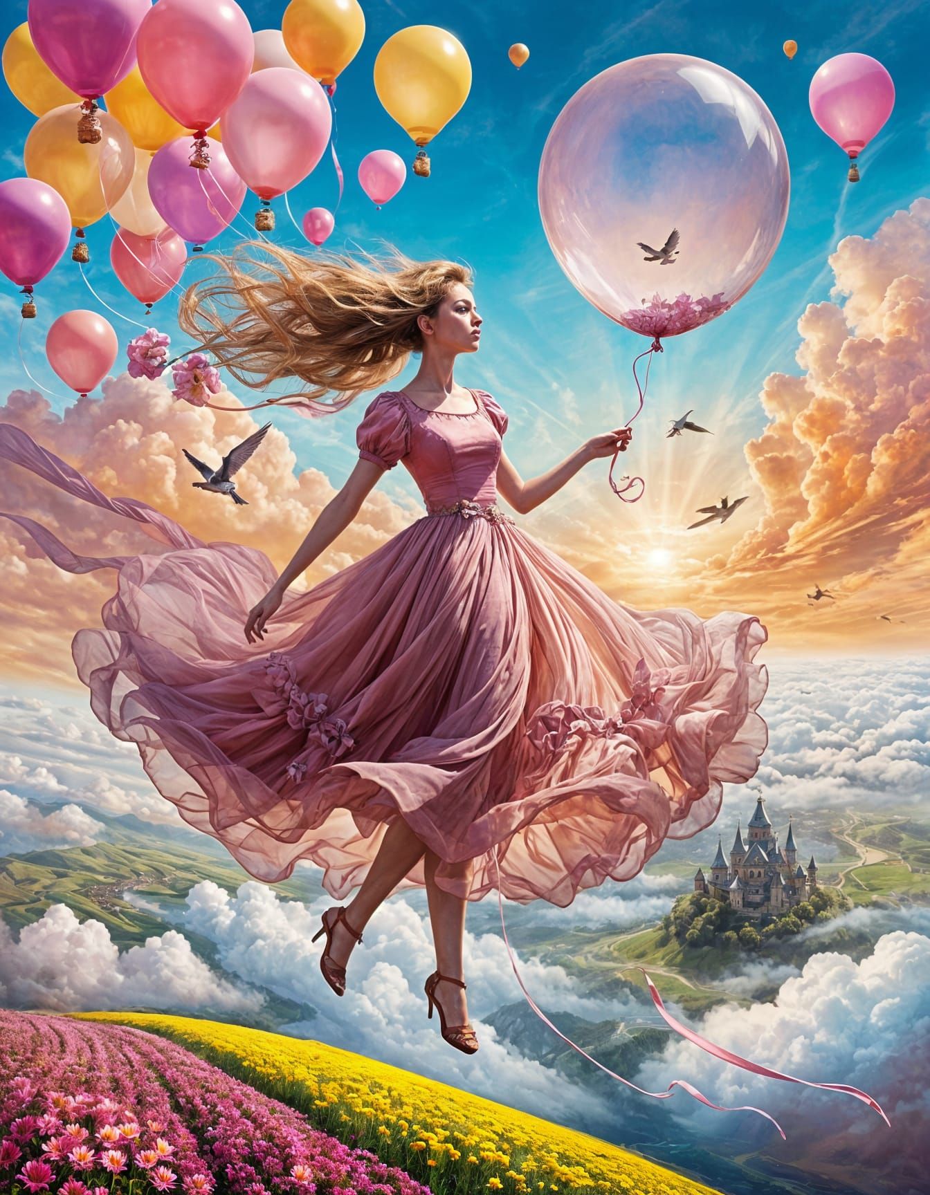 Girl Flies Balloon with Flowers Above Clouds