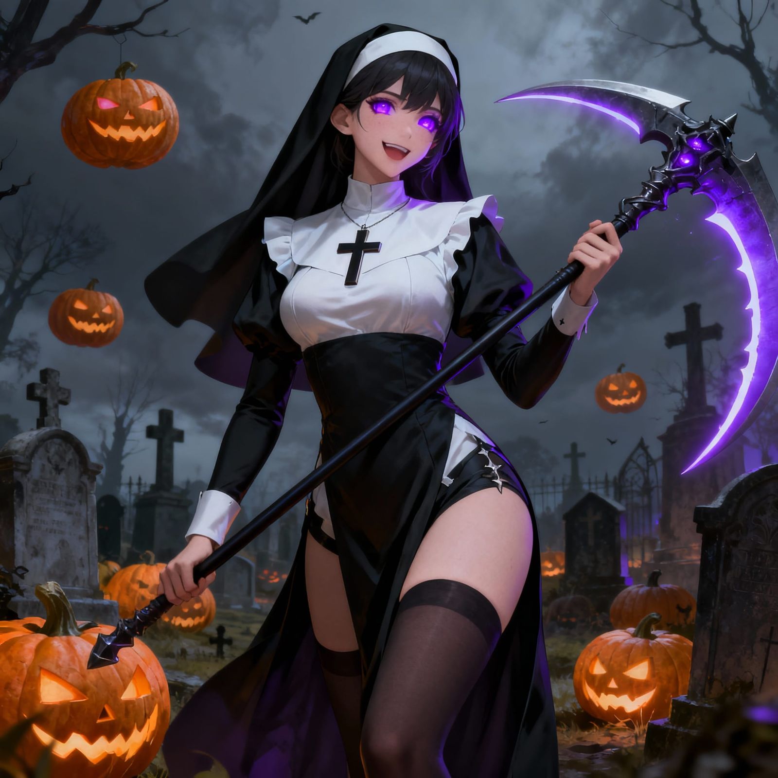 Anime Nun With Battle Scythe in Gloomy Graveyard