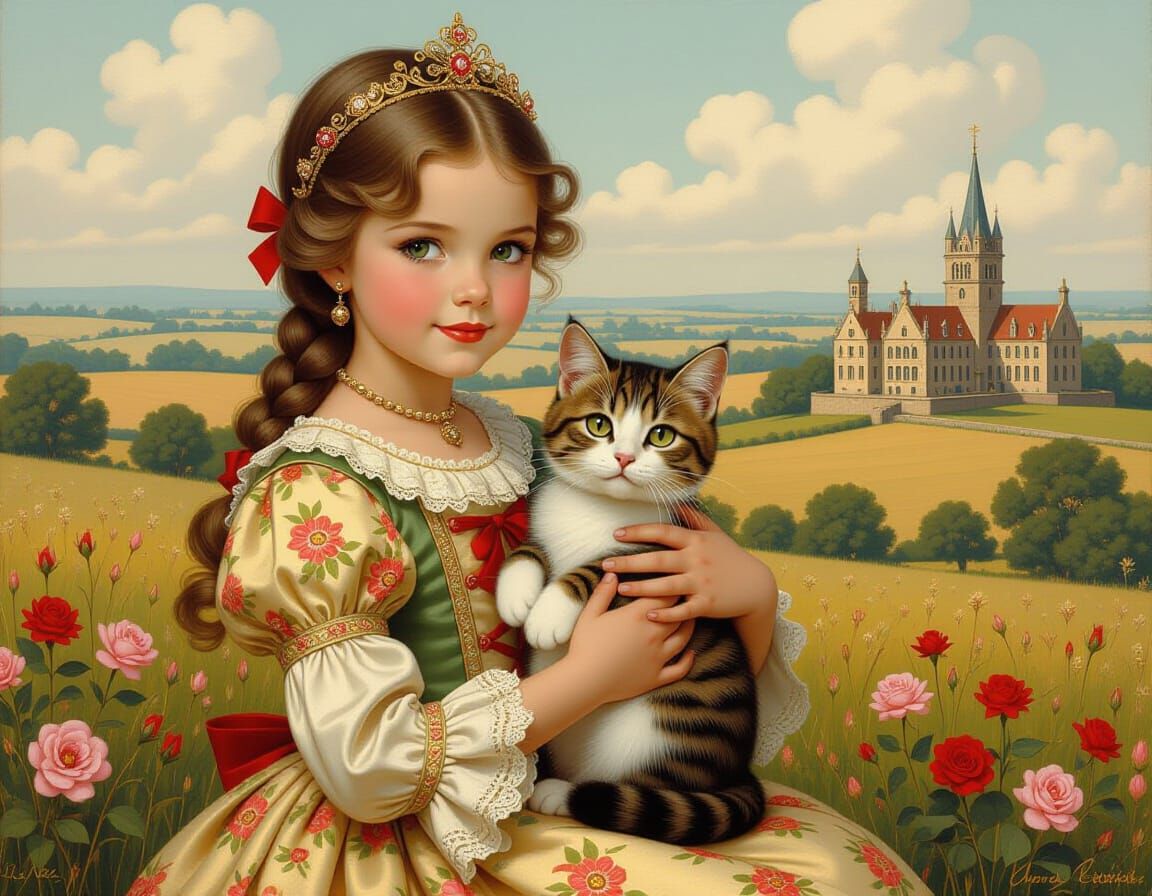 Medieval Girl with Cat in Ornate Countryside Setting