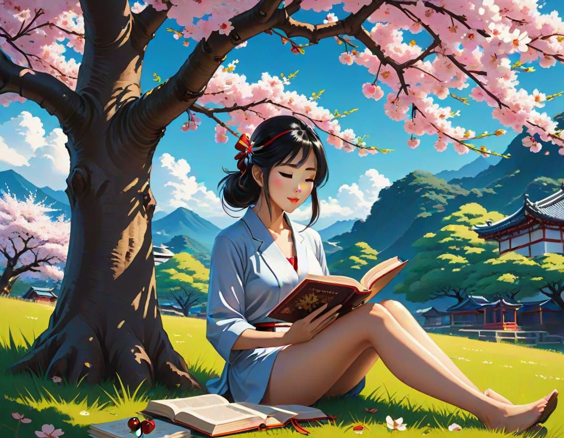 Asian Girl Reading Under Cherry Tree in Anime Style