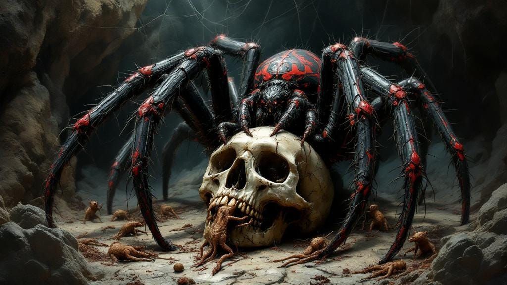 Baroque Spider Queen on Gothic Skull in Eerie Cave