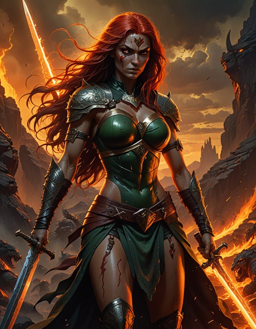 Swordswoman in Crimson Hues, a Frazetta-Inspired Masterpiece