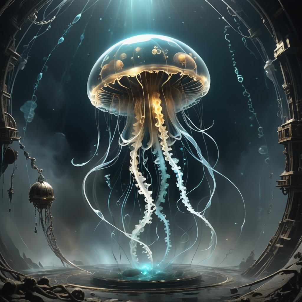 Drifting Through Time: A Clockwork Jellyfish Unraveling Moments in the Void