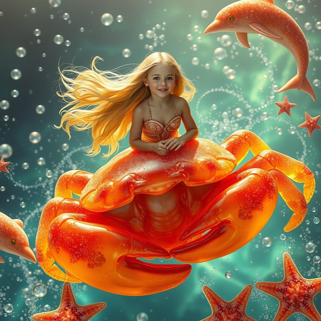 Woman Rides Gummy Crab Through Soda Sea