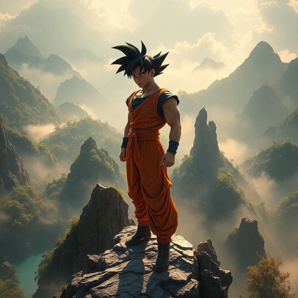 Heroic Figure in Orange Speedo on Mountain Peak