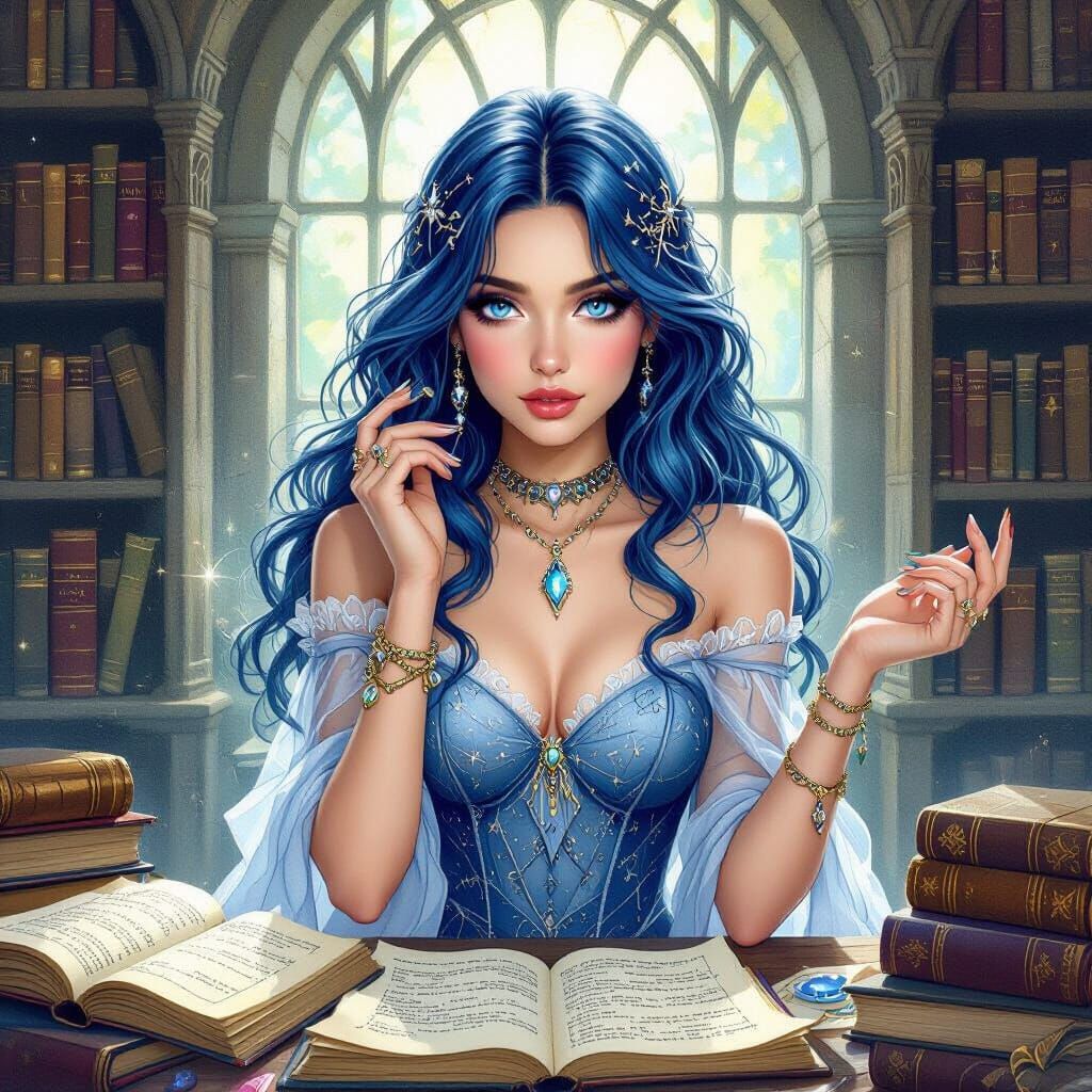 Sapphire-Haired Woman in Whimsical Library, Fantasy Art