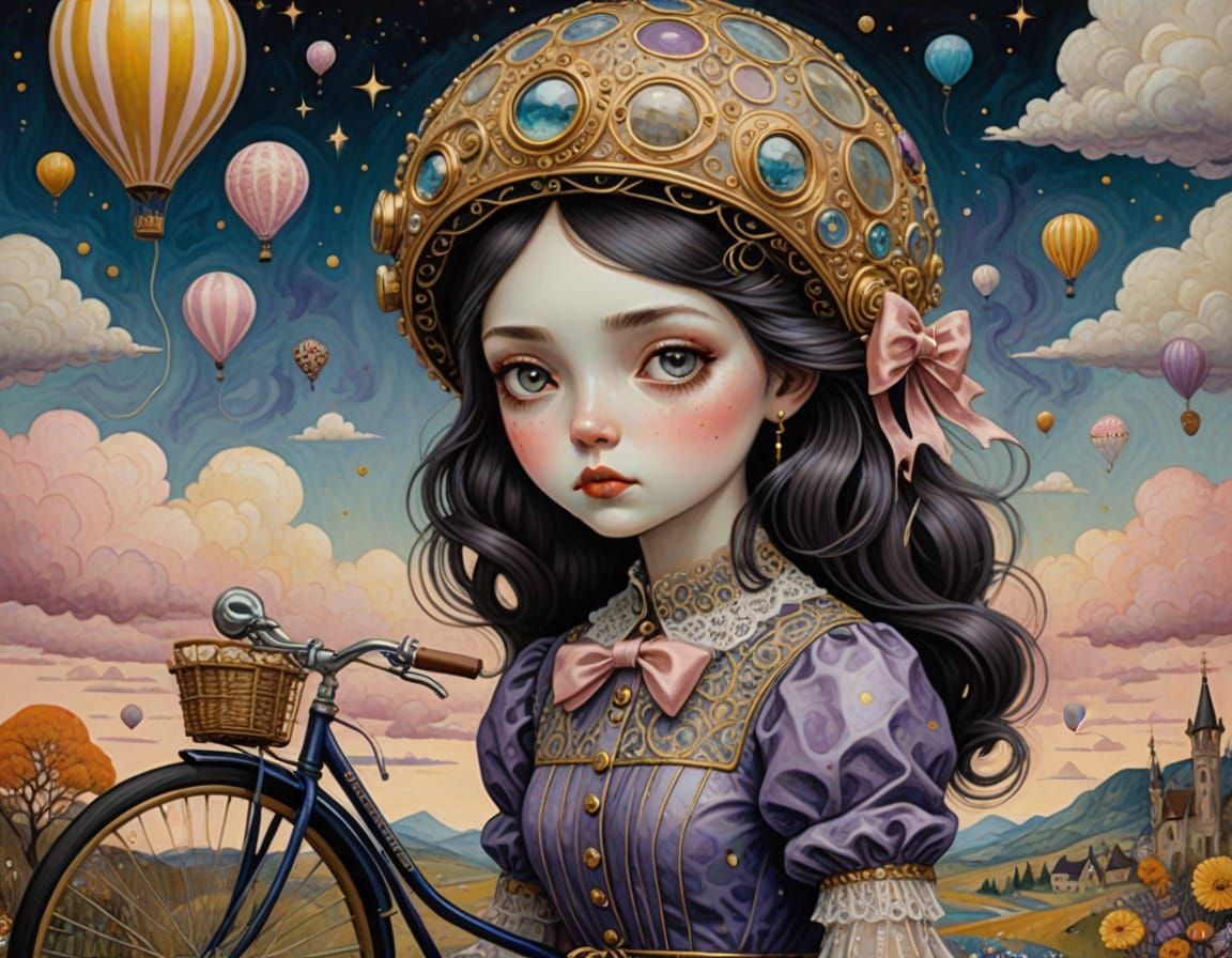 Whimsical Surrealist Girl on Bicycle in Dreamy, Textured Art