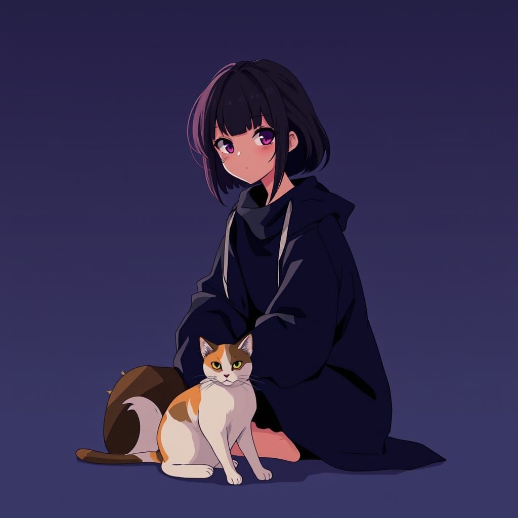 Manga-Style Lady with Cat in Anime Aesthetic