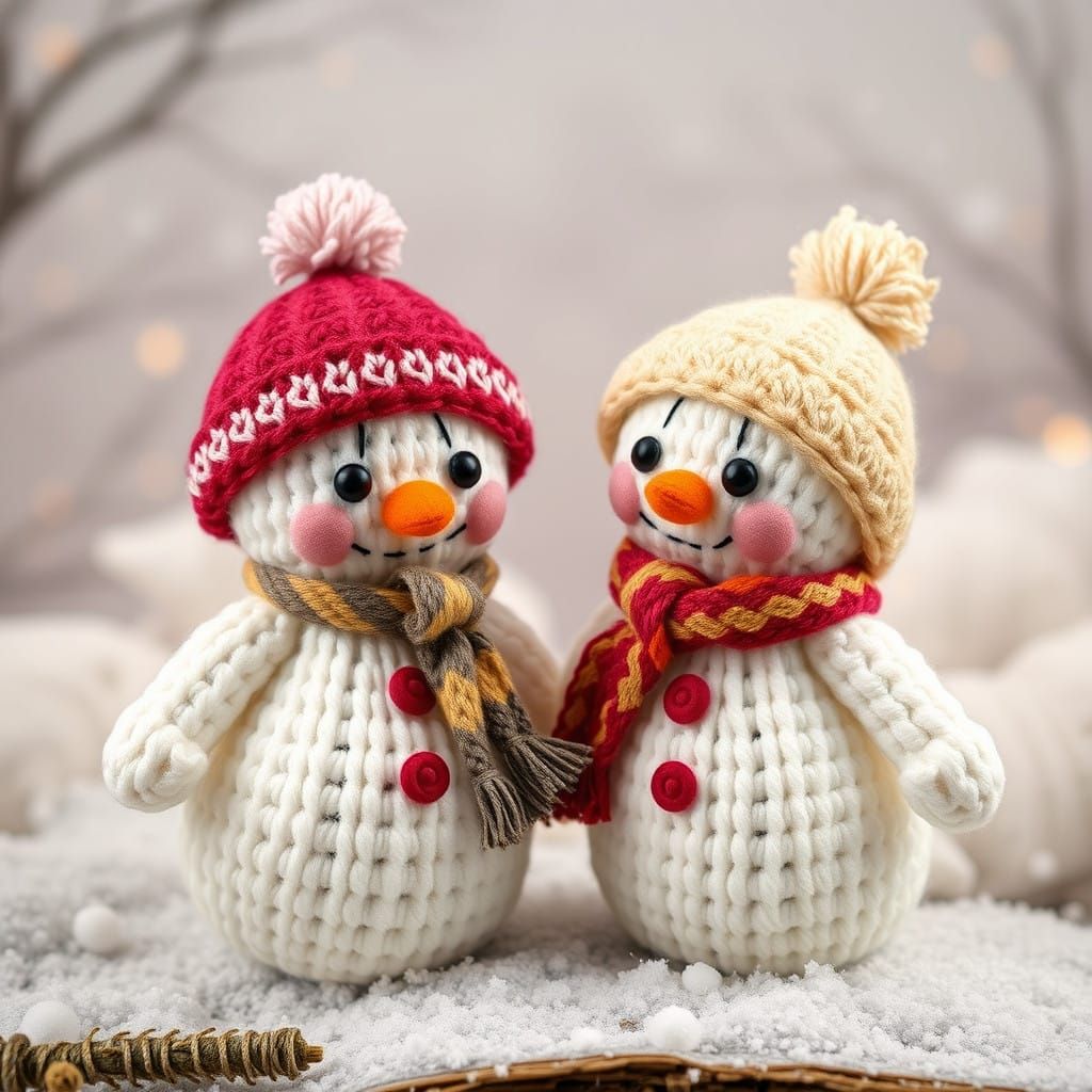 Whimsical Japanese Amigurumi Snowmen in Winter Wonderland