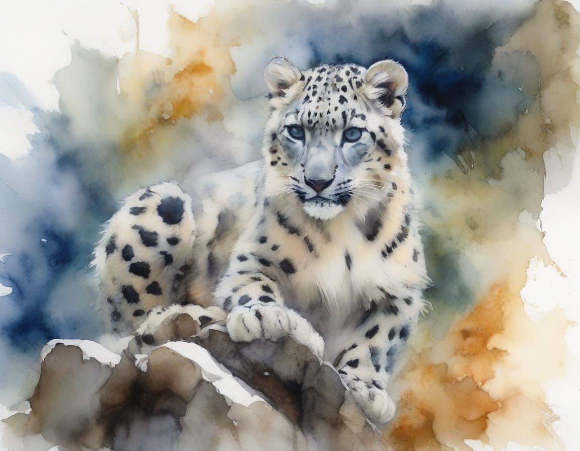 Snow Leopard Cub in Watercolour and Ink