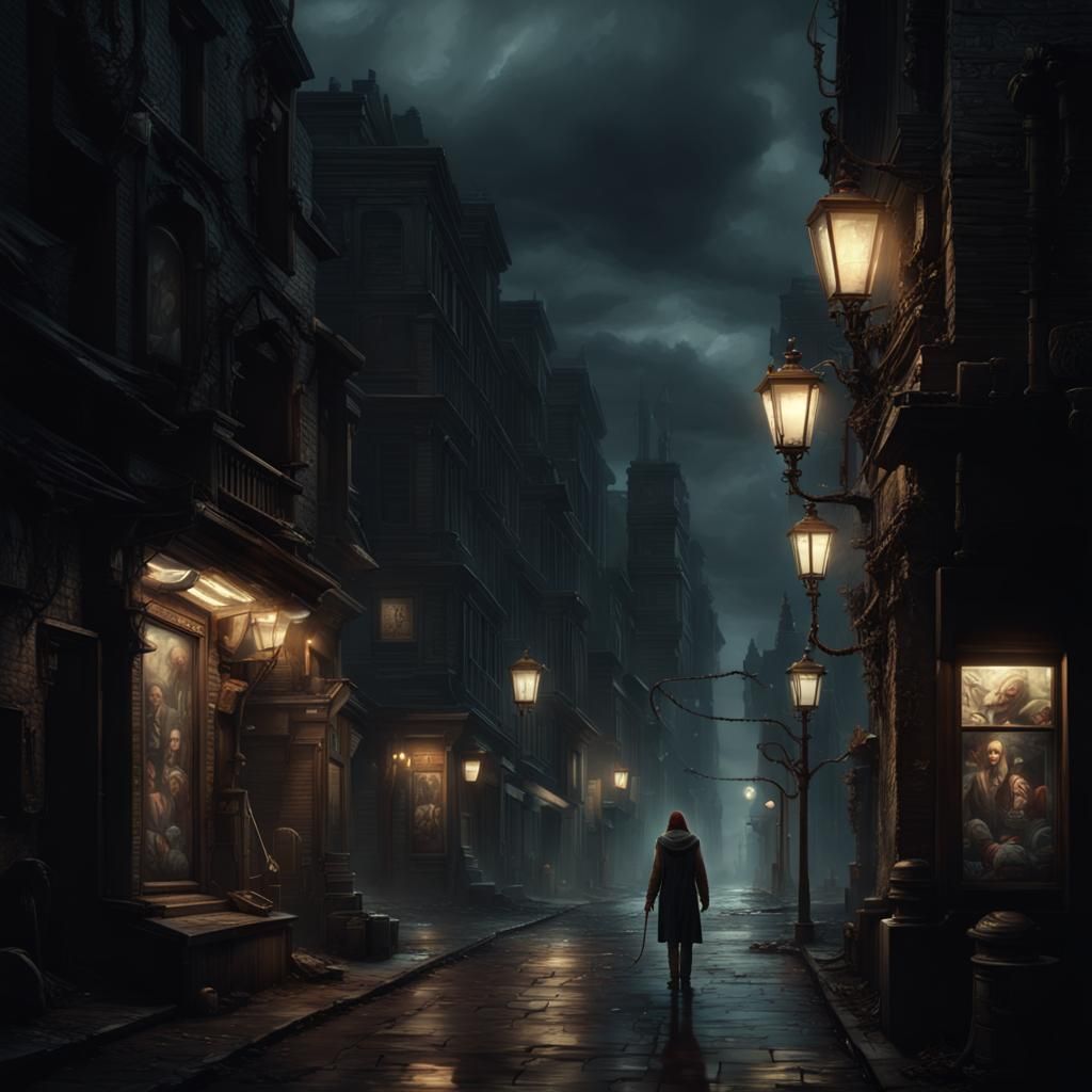 Dark Fantasy Snake-Headed Figure in Desolate City