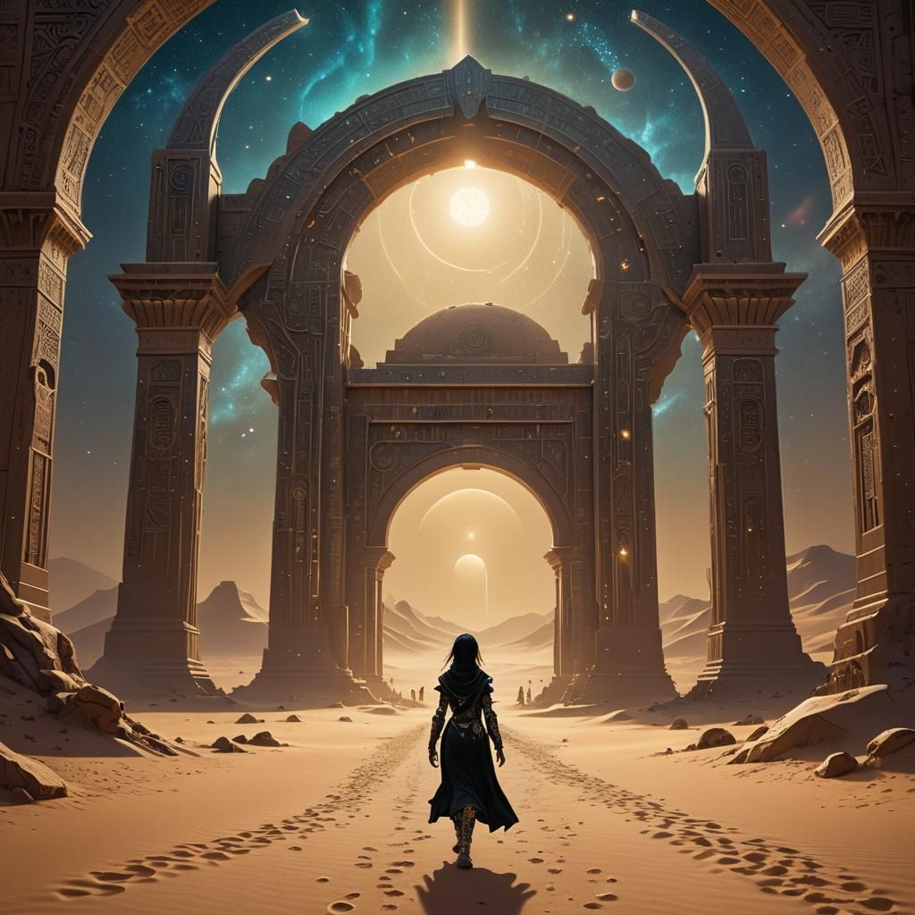 Girl Walks to Celestial Archway in Cyberpunk Fantasy