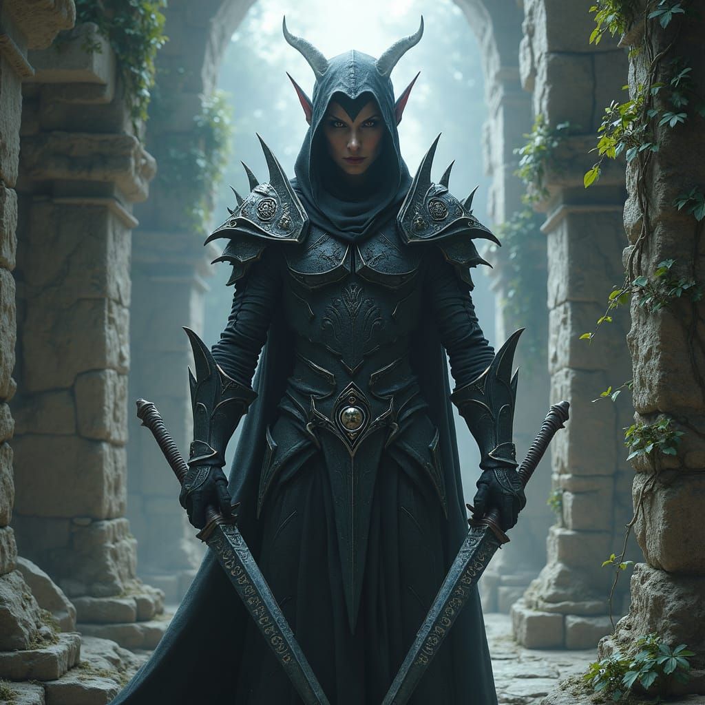 Dark Elf in Ancient Ruins with Intricate Armor