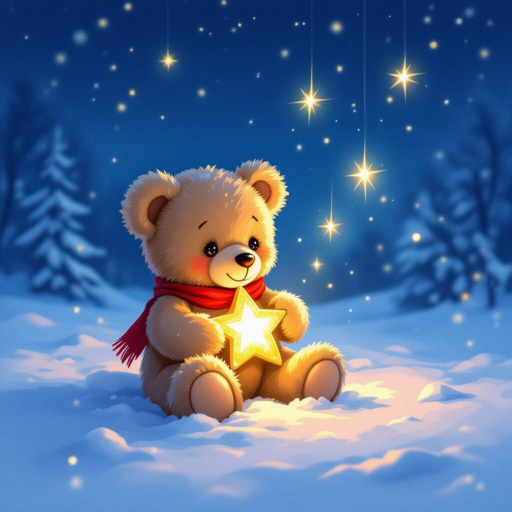 Teddy Bear Hugs Crystal Star in Snowy Glow