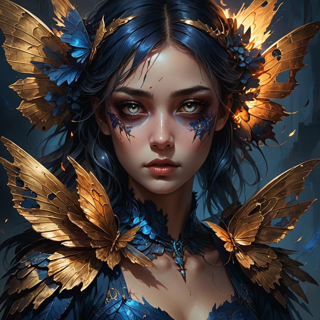 Dark Fantasy: Half-Butterfly Girl with Burned Wing