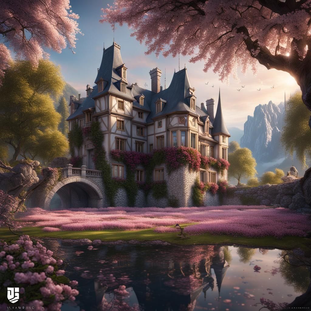 Cherry Blossom Manor: Detailed Fantasy Matte Painting