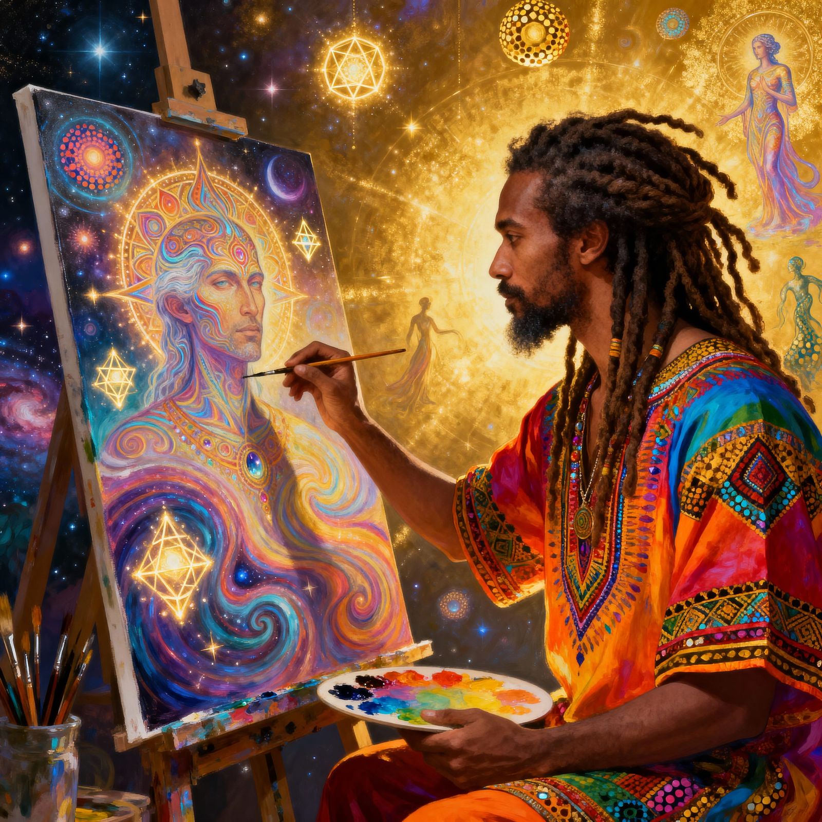 Vibrant Self-Portrait by Dreadlocked Artist in Cosmic Style