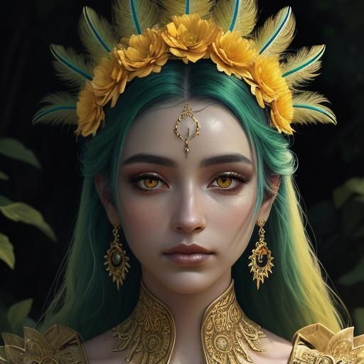 Golden Woman with Peacock Feathers in Fantasy Garden