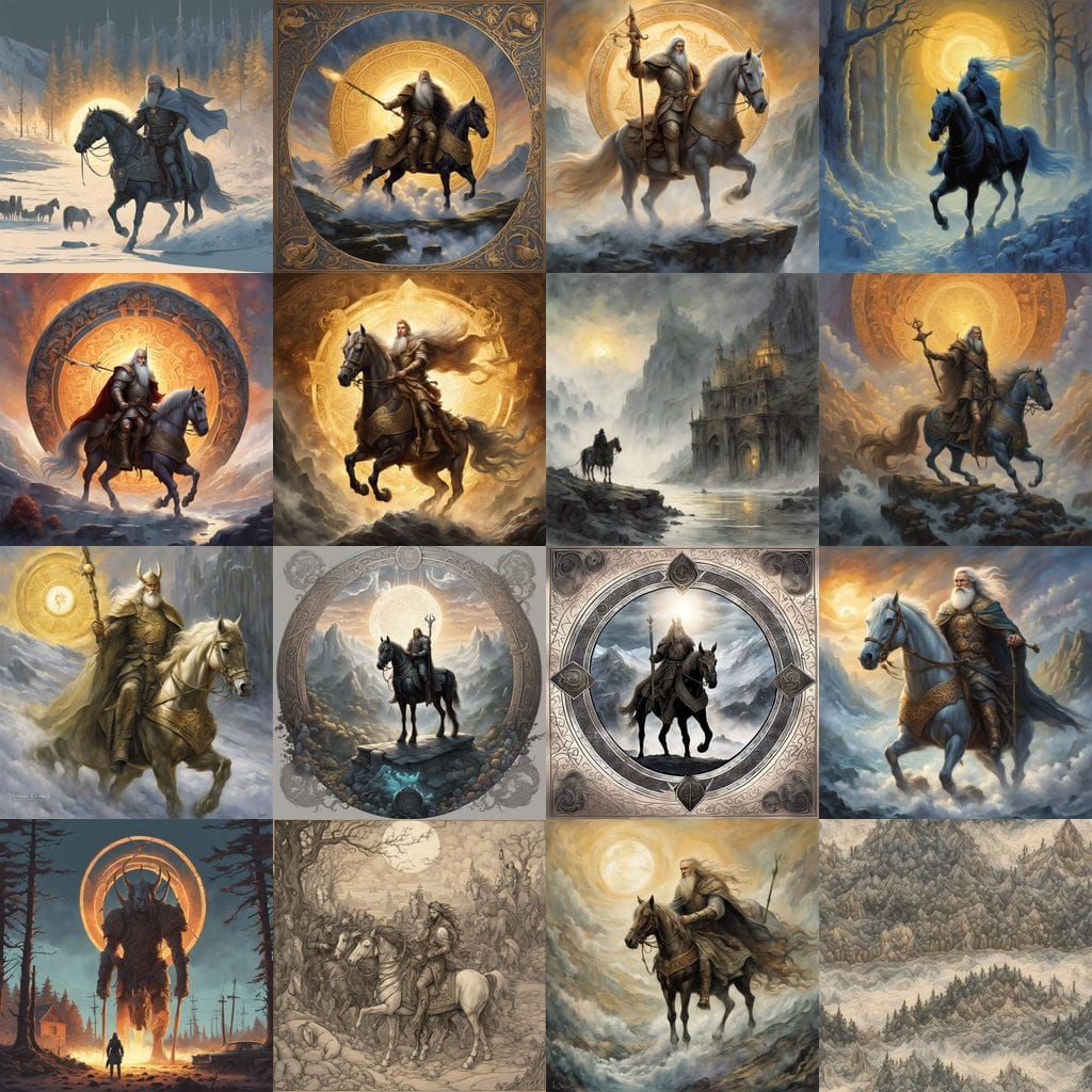 Norse God Odin Holds Svalinn Shield with Runes and Sun Chari...