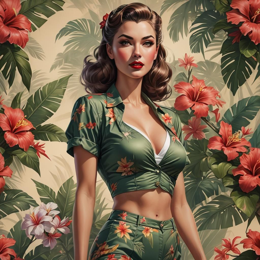 WWII Pinup Girl Portrait in Hawaii, Detailed Digital Art