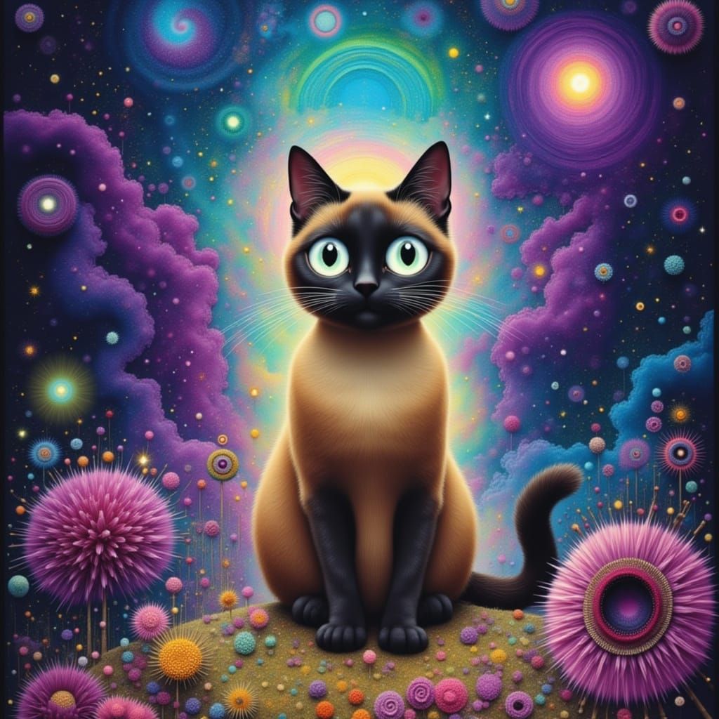Psychedelic Siamese Cat in Cosmic Dreamscape