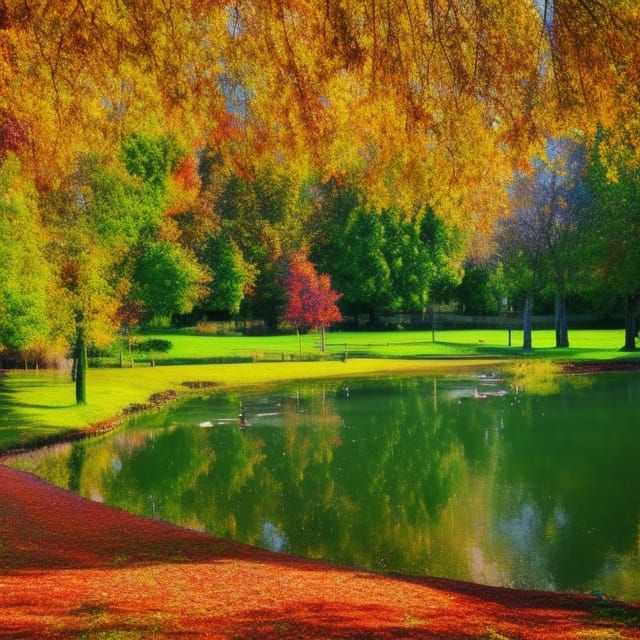 Autumn Park with Lake in Golden Sunlight